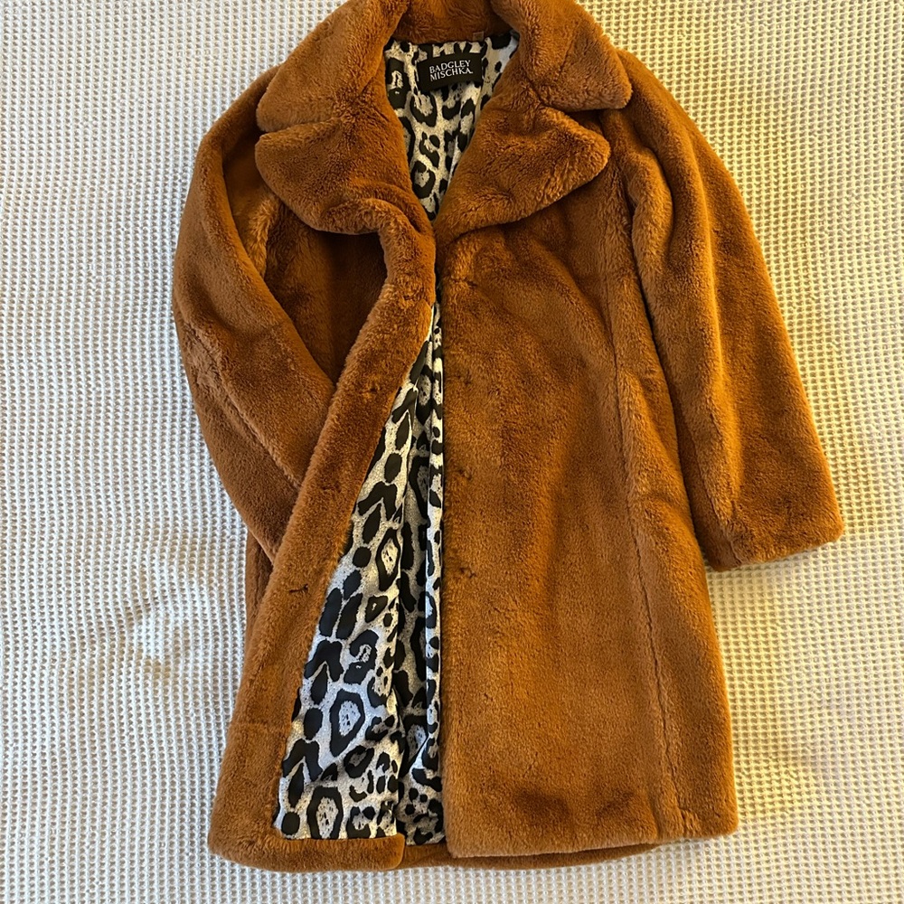 NWOT Badgley Mischka Brown Faux Fur Coat S/M